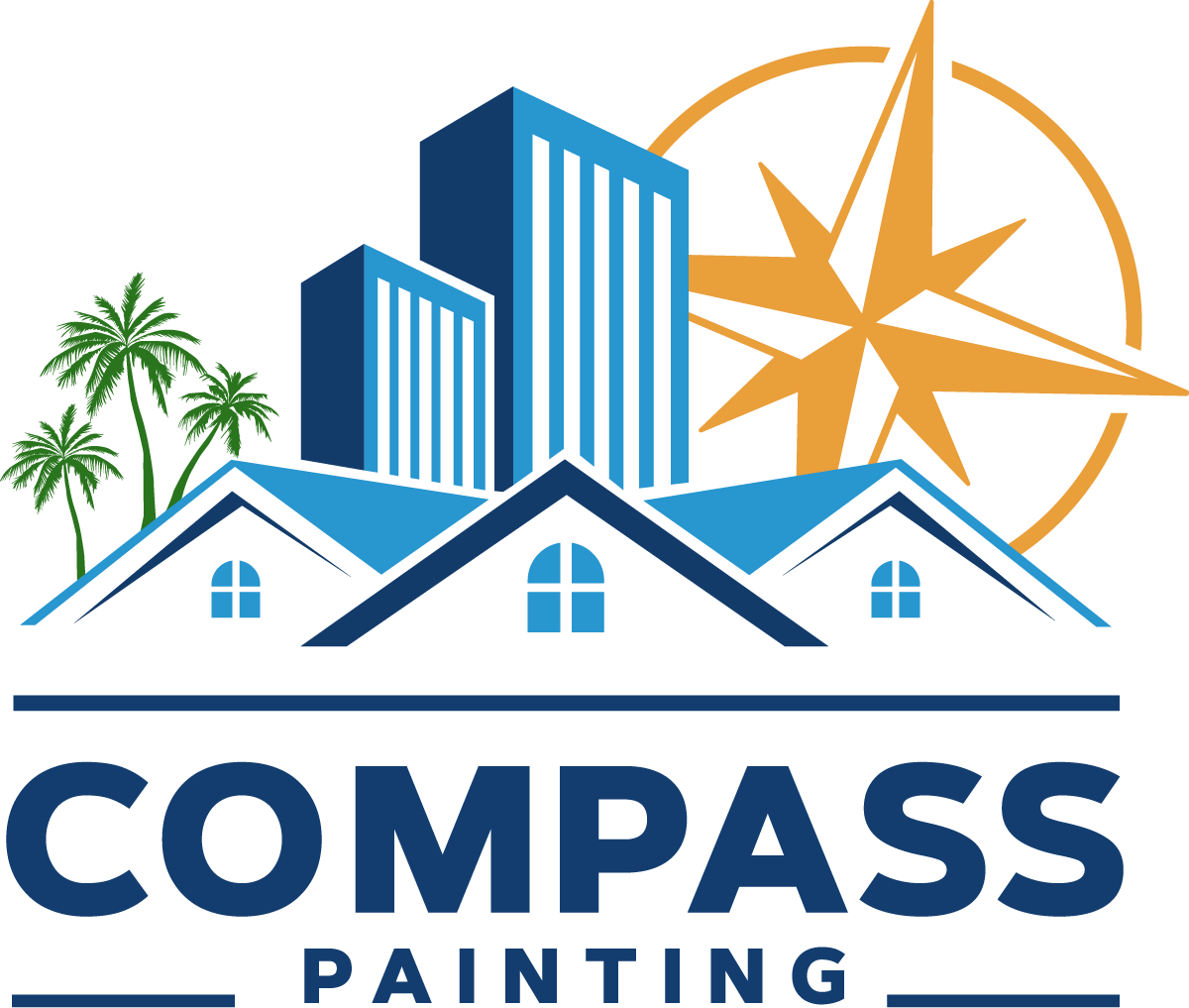 Logo for Compass Painting featuring three buildings, three rooftops, two palm trees, and an orange compass graphic—perfectly embodying the expertise of both residential and commercial painters.